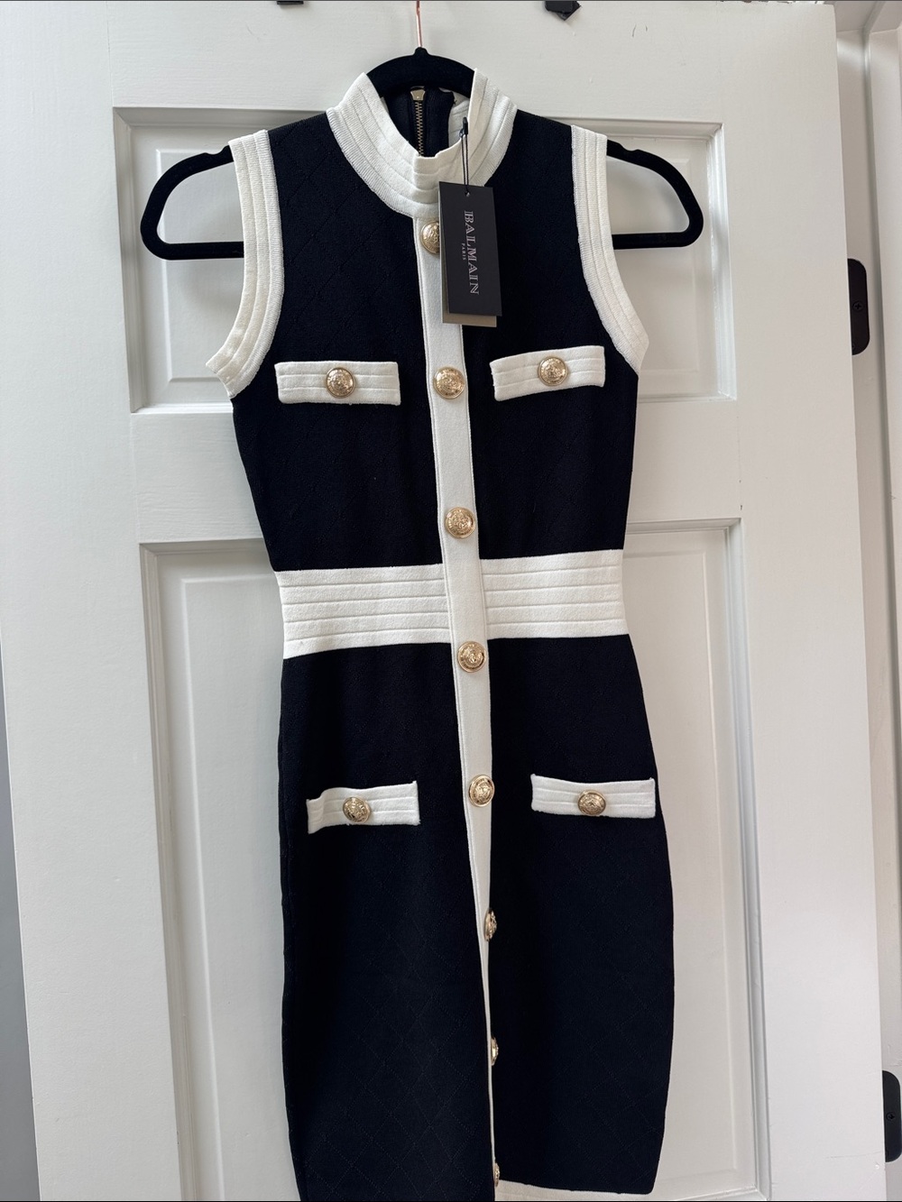 Balmain Black and White Sleeveless Button-Front Midi Dress